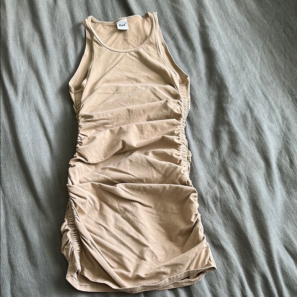 TNA Beige Sleeveless Ruched Dress